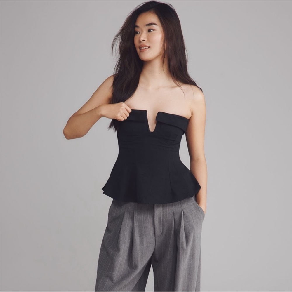 Maeve Anthropologie Black Strapless Plunge Peplum Top Size 4